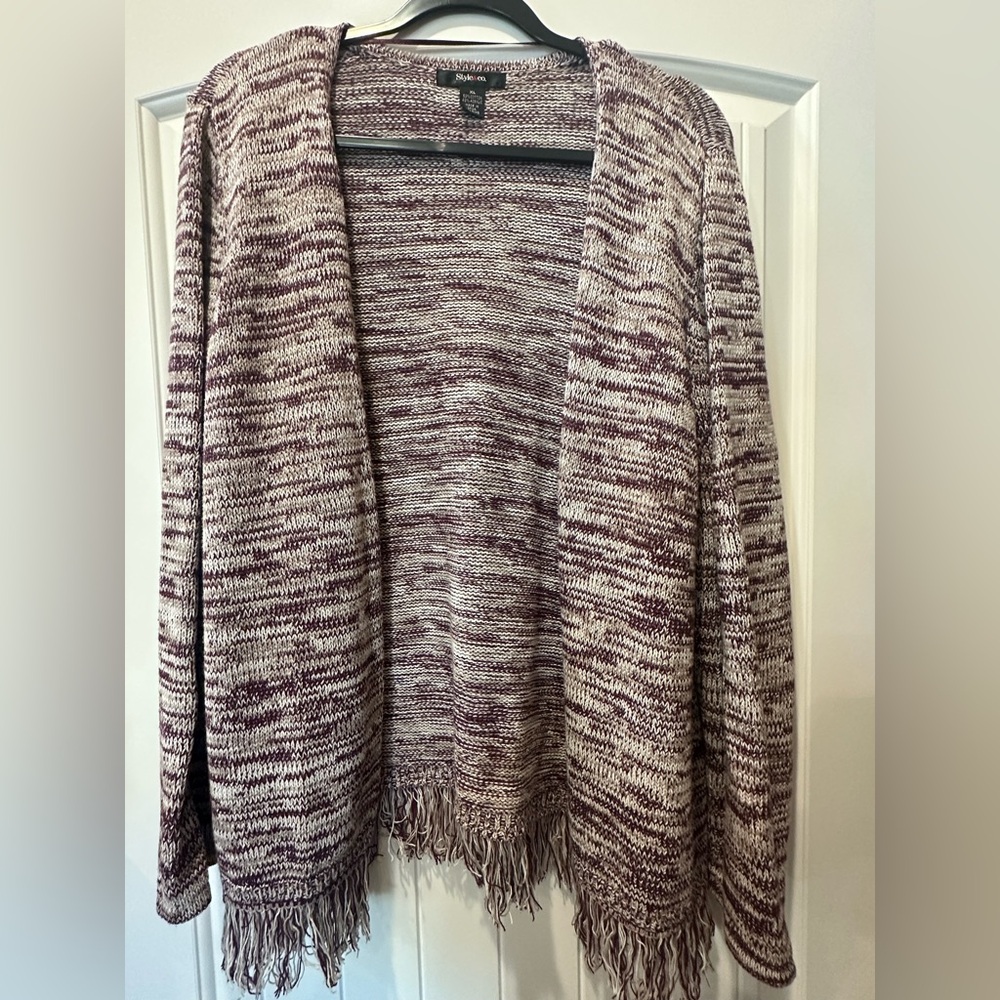 Women's Style & Co Maroon, Taupe,  & Cream Fringed Knit Sweater Cardigan.  XL